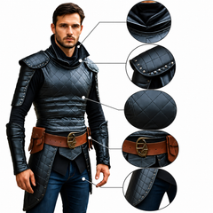 HAMS Medieval Leather Armor Set for Men, Genuine Cow Leather Knight Armor with Helmet, Handmade Adjustable LARP & Cosplay Costume
