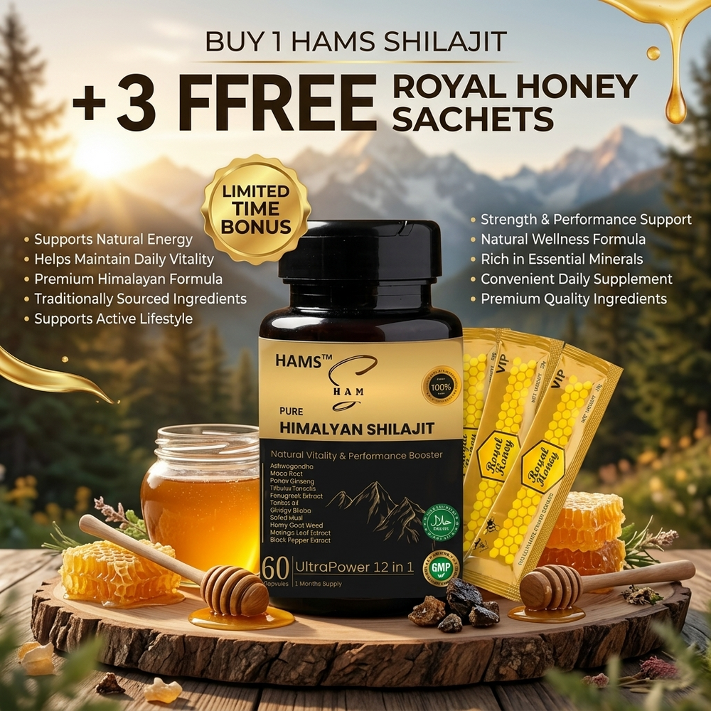 HAMS™ UltraPower 12-in-1 Herbal Complex – Premium Himalayan Shilajit Blend with 11 Powerful Botanicals for Energy, Stamina, Focus & Daily Wellness + FREE 3 VIP Royal Honey Sachets HAMS™
