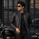 Men's Genuine Cow Leather Biker Jacket – Classic Motorcycle Jacket with Asymmetric Zip Closure, Multiple Pockets & Adjustable Waist Belt