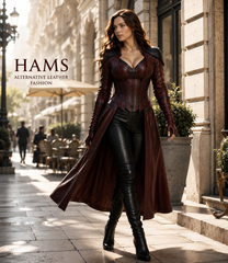 HAMS™ Women’s Genuine Cowhide Leather Gothic Medieval Long Coat with Structured Corset Bodice, Reinforced Shoulder Detail, Full-Length Fantasy Fashion Design