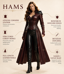 HAMS™ Women’s Genuine Cowhide Leather Gothic Medieval Long Coat with Structured Corset Bodice, Reinforced Shoulder Detail, Full-Length Fantasy Fashion Design