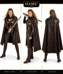 HAMS Women's Genuine Cow Leather Medieval Warrior Armor with Cloak, Handmade Leather LARP & Cosplay Costume
