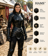 HAMS Women's Genuine Cow Leather Medieval Knight Armor Set – Handmade Black LARP, Renaissance & Cosplay Costume