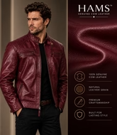 HAMS Men's Genuine Cow Leather Motorcycle Jacket – Premium Burgundy Cafe Racer Leather Jacket with Quilted Shoulders & Stand Collar