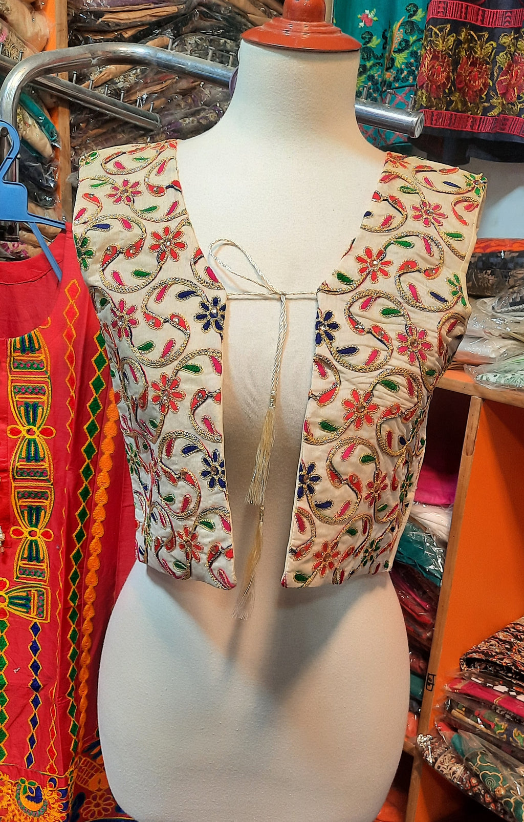 Skin Color Cotton Short Jacket with Multicolor Embroidery – Ideal for Party & Festive Wear