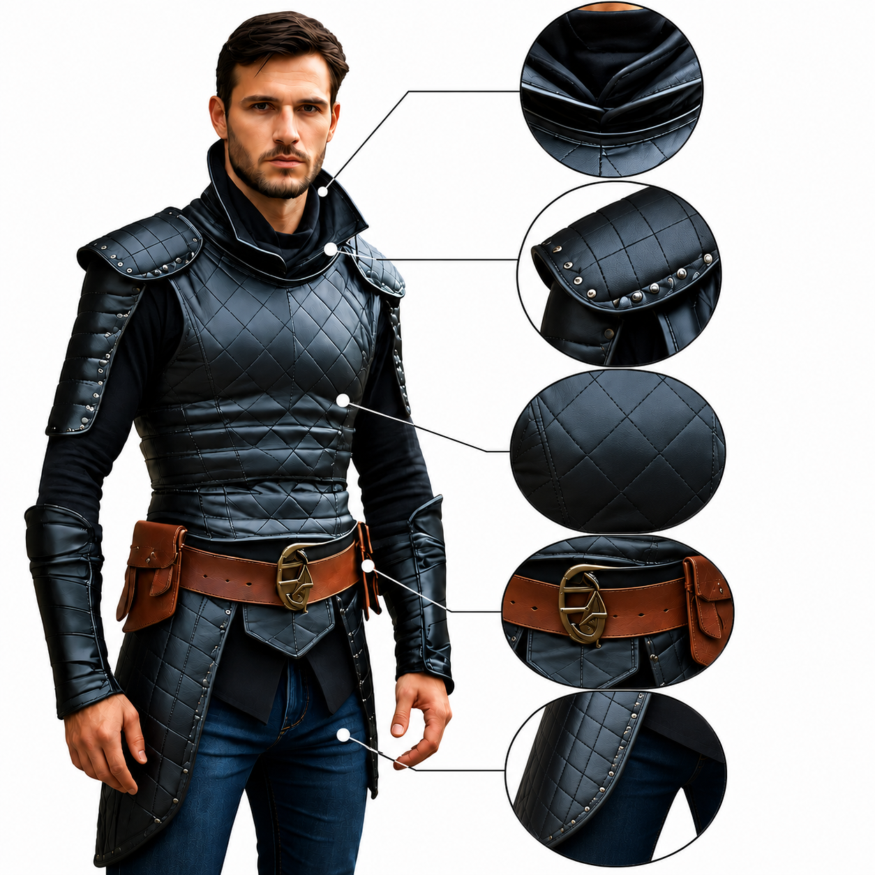 HAMS Medieval Leather Armor Set for Men, Genuine Cow Leather Knight Armor with Helmet, Handmade Adjustable LARP & Cosplay Costume