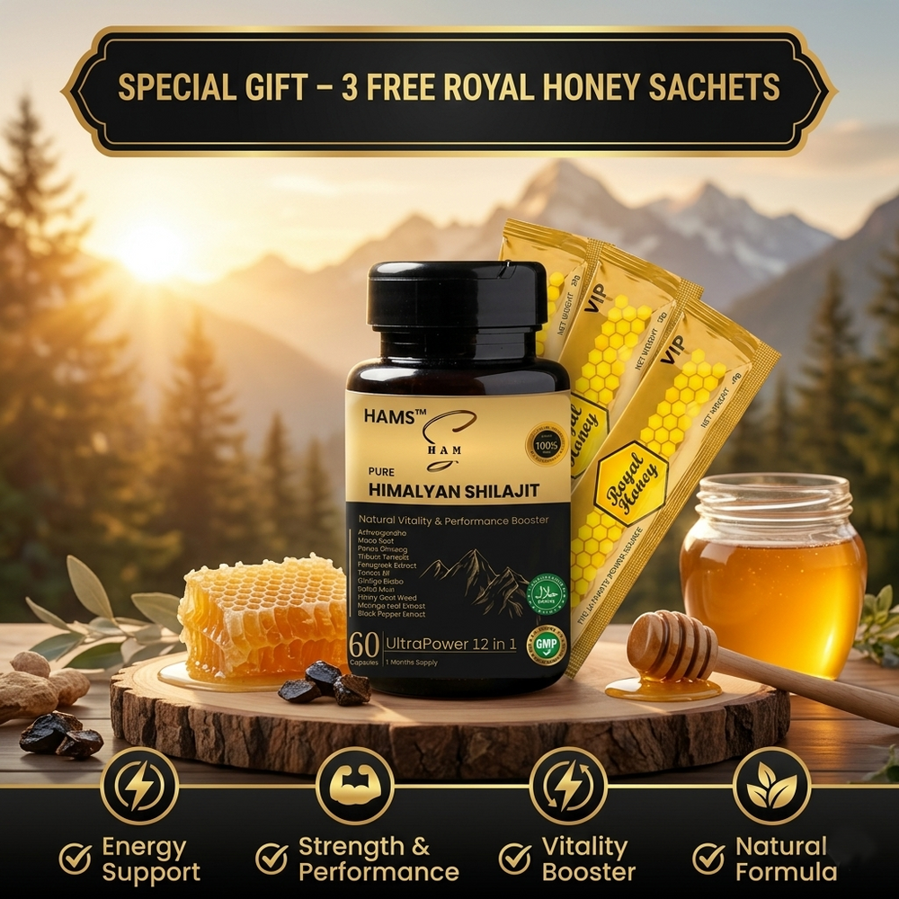 HAMS™ UltraPower 12-in-1 Herbal Complex – Premium Himalayan Shilajit Blend with 11 Powerful Botanicals for Energy, Stamina, Focus & Daily Wellness + FREE 3 VIP Royal Honey Sachets HAMS™