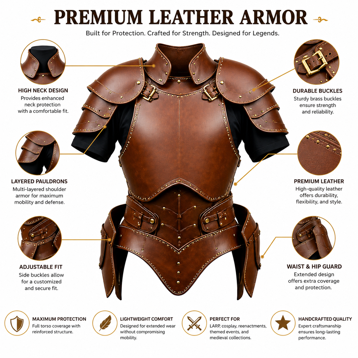HAMS Women's Genuine Cow Leather Medieval Warrior Dress | Handmade Leather Armor Costume with Cloak | Full Length Fantasy Leather Outfit for Renaissance Fair, LARP, Viking, Cosplay, Halloween & Medieval Events