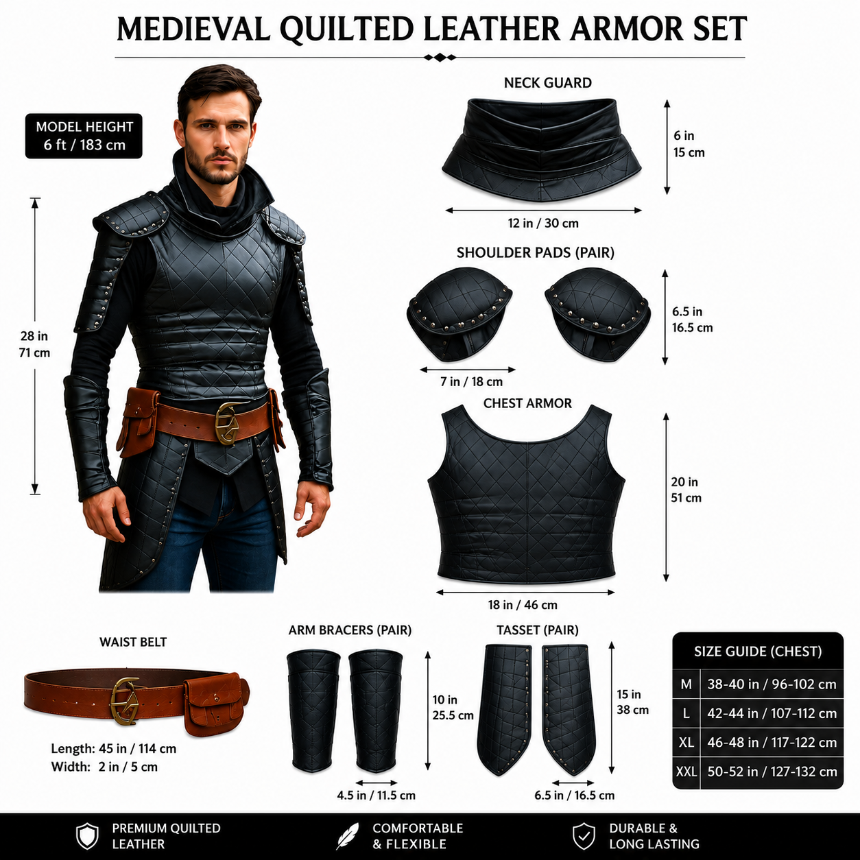 HAMS Medieval Leather Armor Set for Men, Genuine Cow Leather Knight Armor with Helmet, Handmade Adjustable LARP & Cosplay Costume