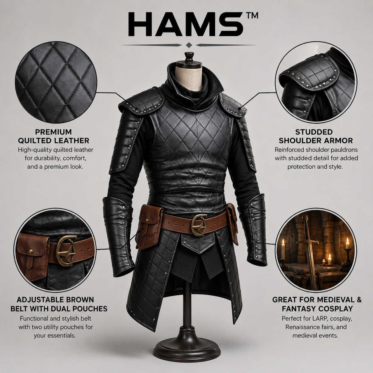 HAMS Medieval Leather Armor Set for Men, Genuine Cow Leather Knight Armor with Helmet, Handmade Adjustable LARP & Cosplay Costume