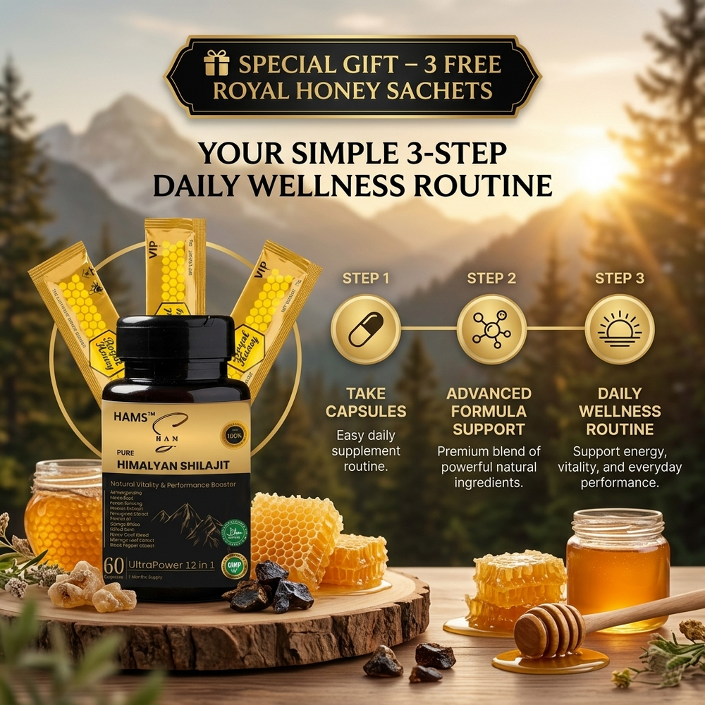 HAMS™ UltraPower 12-in-1 Herbal Complex – Premium Himalayan Shilajit Blend with 11 Powerful Botanicals for Energy, Stamina, Focus & Daily Wellness + FREE 3 VIP Royal Honey Sachets HAMS™