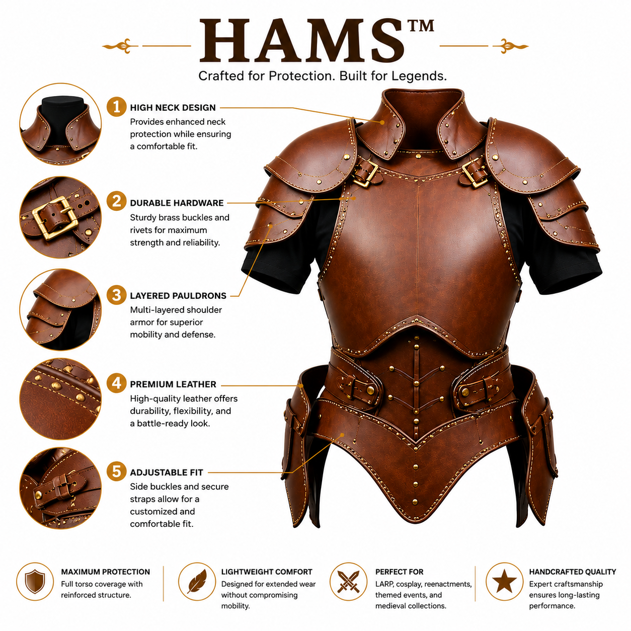 HAMS Women's Genuine Cow Leather Medieval Warrior Dress | Handmade Leather Armor Costume with Cloak | Full Length Fantasy Leather Outfit for Renaissance Fair, LARP, Viking, Cosplay, Halloween & Medieval Events