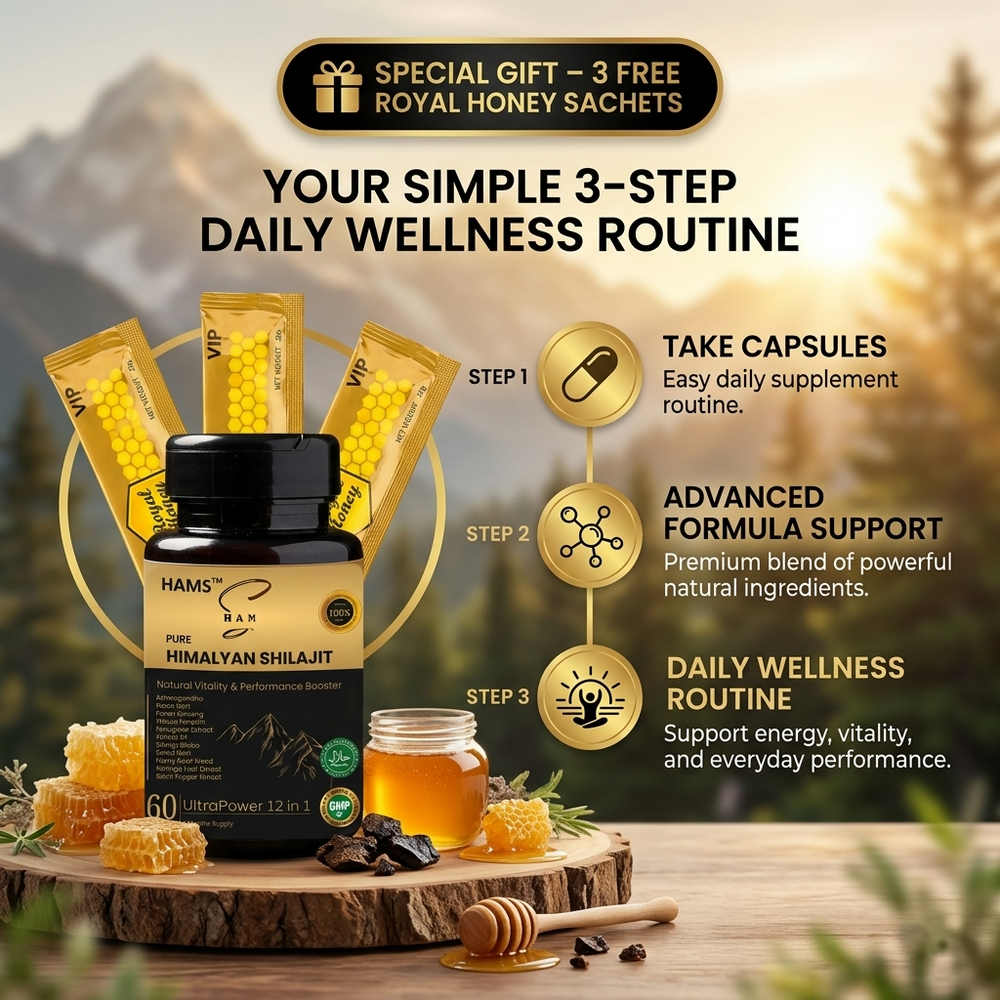 HAMS™ UltraPower 12-in-1 Herbal Complex – Premium Himalayan Shilajit Blend with 11 Powerful Botanicals for Energy, Stamina, Focus & Daily Wellness + FREE 3 VIP Royal Honey Sachets HAMS™