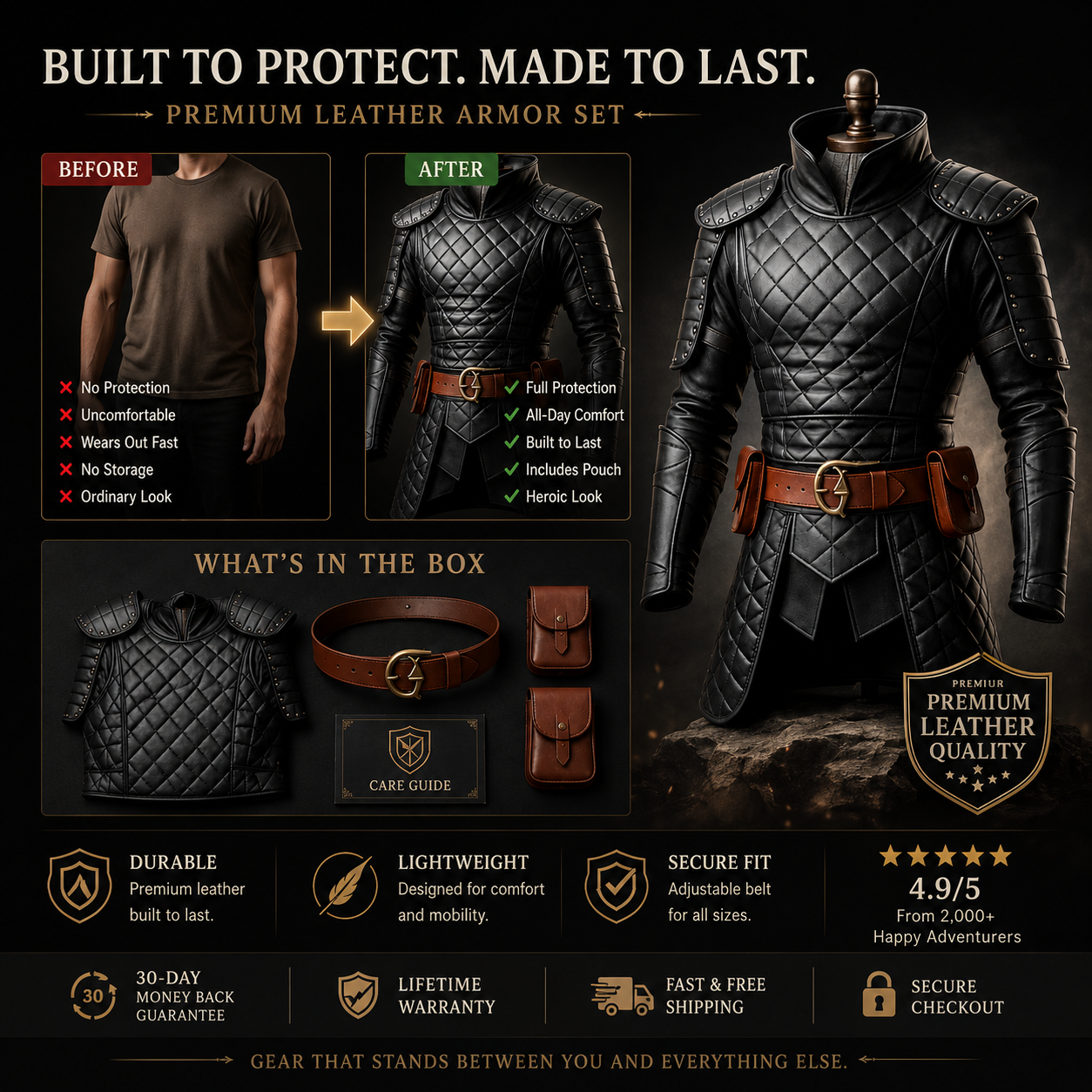 HAMS Medieval Leather Armor Set for Men, Genuine Cow Leather Knight Armor with Helmet, Handmade Adjustable LARP & Cosplay Costume