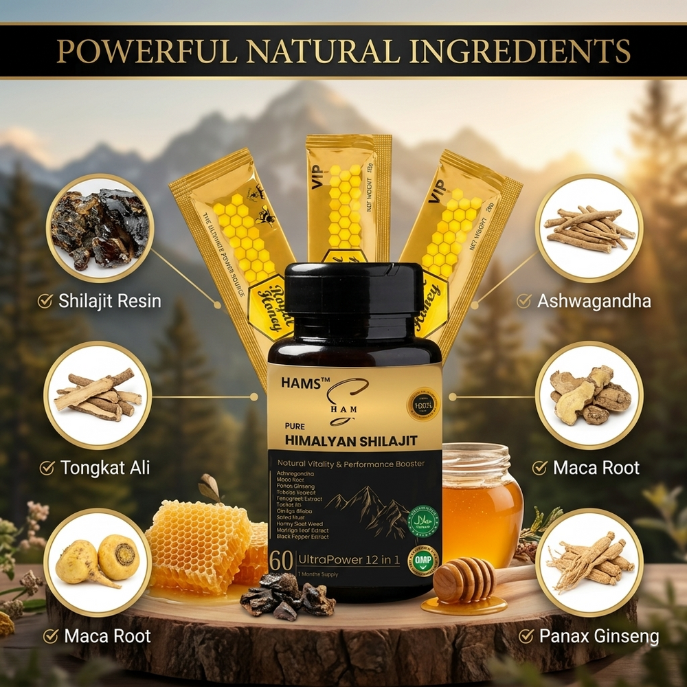 HAMS™ UltraPower 12-in-1 Herbal Complex – Premium Himalayan Shilajit Blend with 11 Powerful Botanicals for Energy, Stamina, Focus & Daily Wellness + FREE 3 VIP Royal Honey Sachets HAMS™