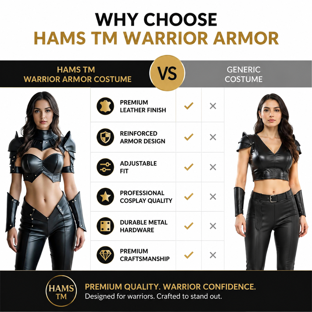 HAMS Women’s Premium Cow Leather Warrior Armor Costume, Black Medieval Cosplay