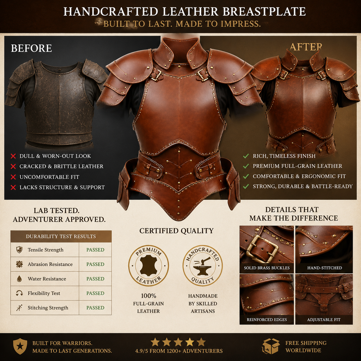 HAMS Women's Genuine Cow Leather Medieval Warrior Dress | Handmade Leather Armor Costume with Cloak | Full Length Fantasy Leather Outfit for Renaissance Fair, LARP, Viking, Cosplay, Halloween & Medieval Events