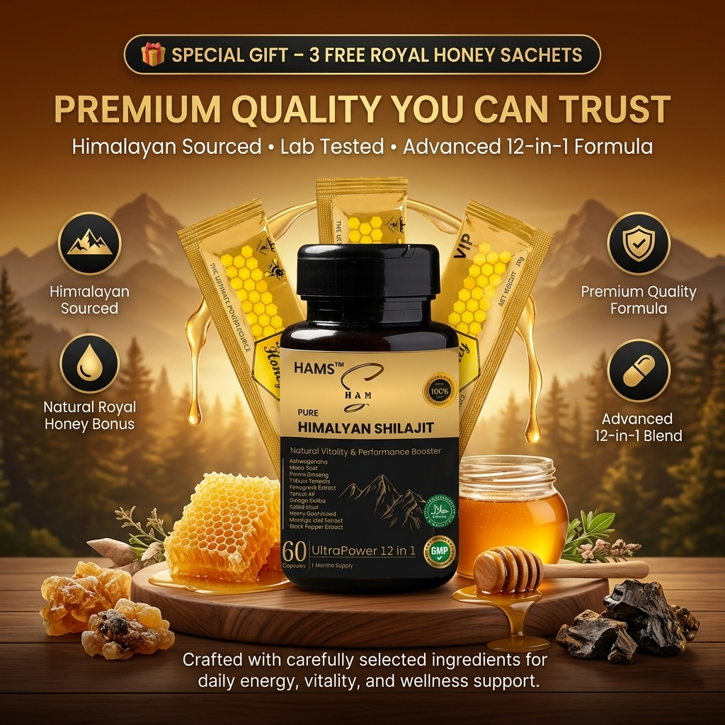 HAMS™ UltraPower 12-in-1 Herbal Complex – Premium Himalayan Shilajit Blend with 11 Powerful Botanicals for Energy, Stamina, Focus & Daily Wellness + FREE 3 VIP Royal Honey Sachets HAMS™