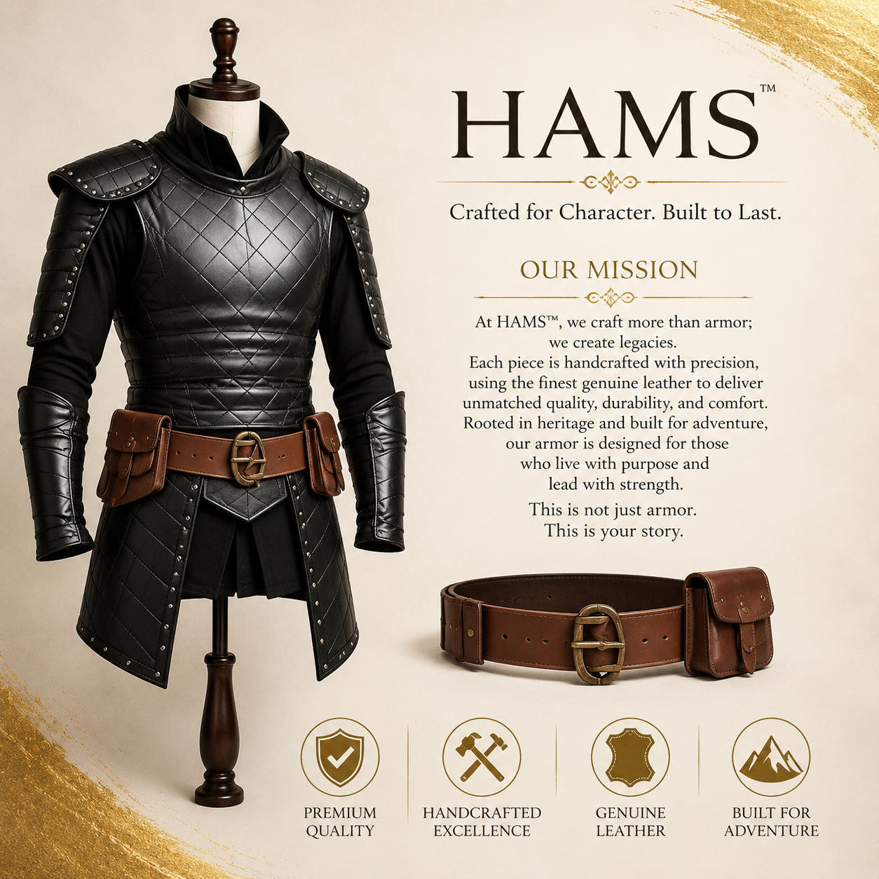 HAMS Medieval Leather Armor Set for Men, Genuine Cow Leather Knight Armor with Helmet, Handmade Adjustable LARP & Cosplay Costume