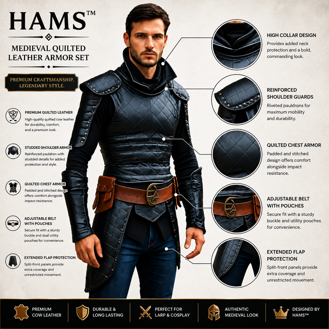 HAMS Medieval Leather Armor Set for Men, Genuine Cow Leather Knight Armor with Helmet, Handmade Adjustable LARP & Cosplay Costume