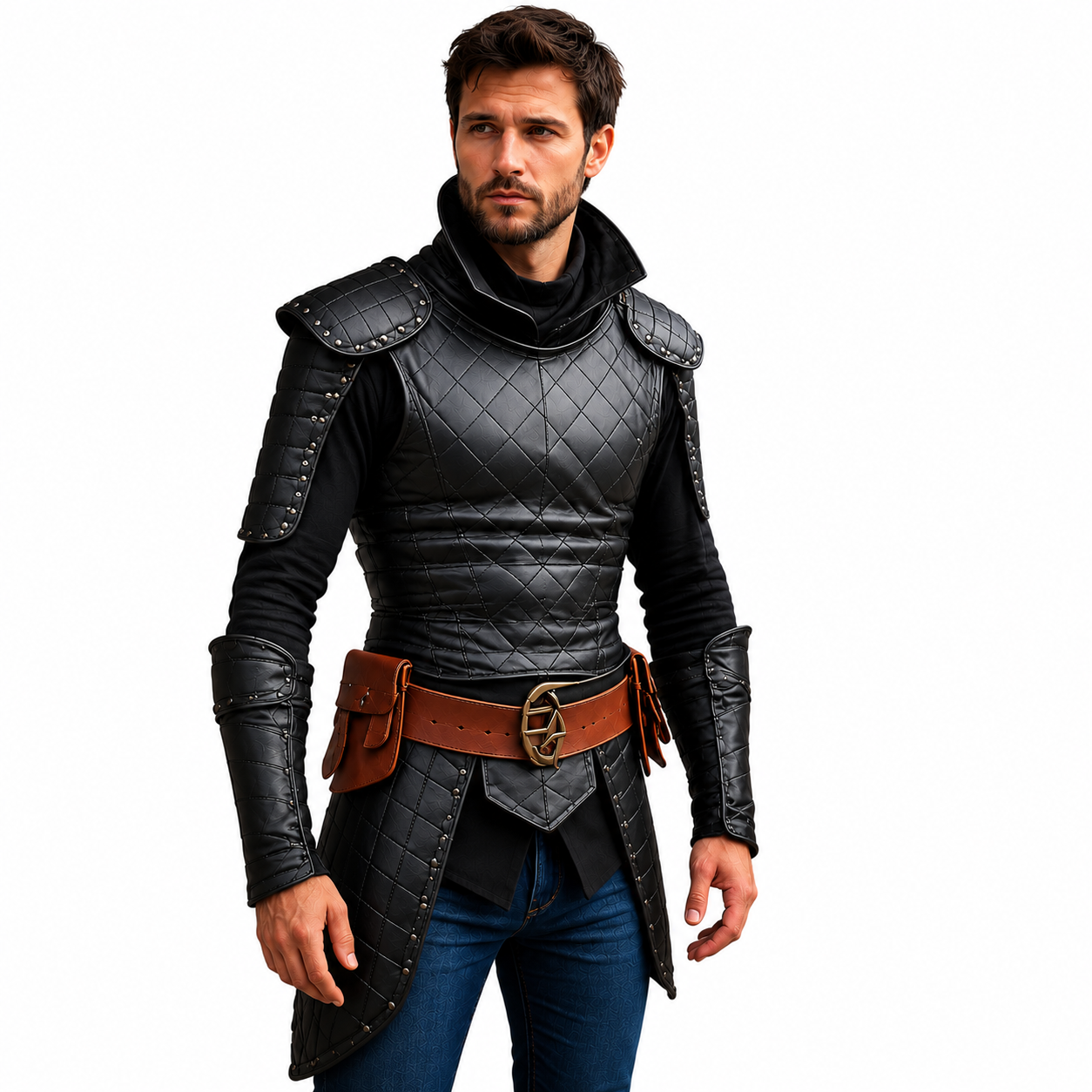 HAMS Medieval Leather Armor Set for Men, Genuine Cow Leather Knight Armor with Helmet, Handmade Adjustable LARP & Cosplay Costume