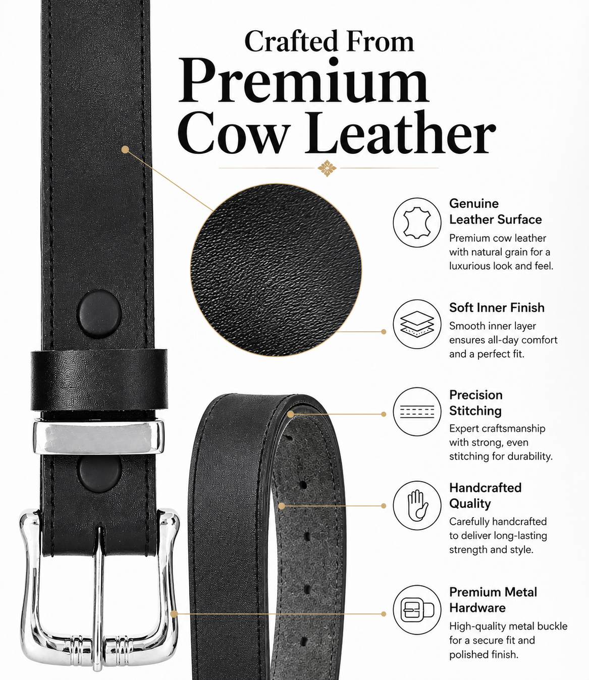 HAMS™ Premium Genuine Cowhide Leather Belt for Men – Classic Black | Handmade Full Grain Leather | Silver Pin Buckle
