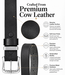 HAMS™ Premium Genuine Cowhide Leather Belt for Men – Classic Black | Handmade Full Grain Leather | Silver Pin Buckle