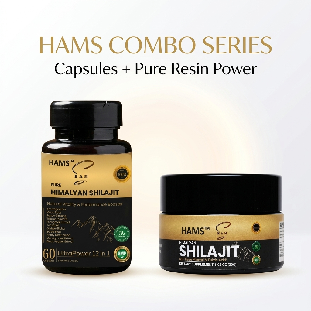 HAMS Pure Himalayan Shilajit Resin & Ashwagandha Combo Pack (Pack of 2) - Authentic Mumijo with 84+ Trace Minerals, Fulvic Acid & Elemental Gold, High Potency, Lab Tested, Vegan, 90g