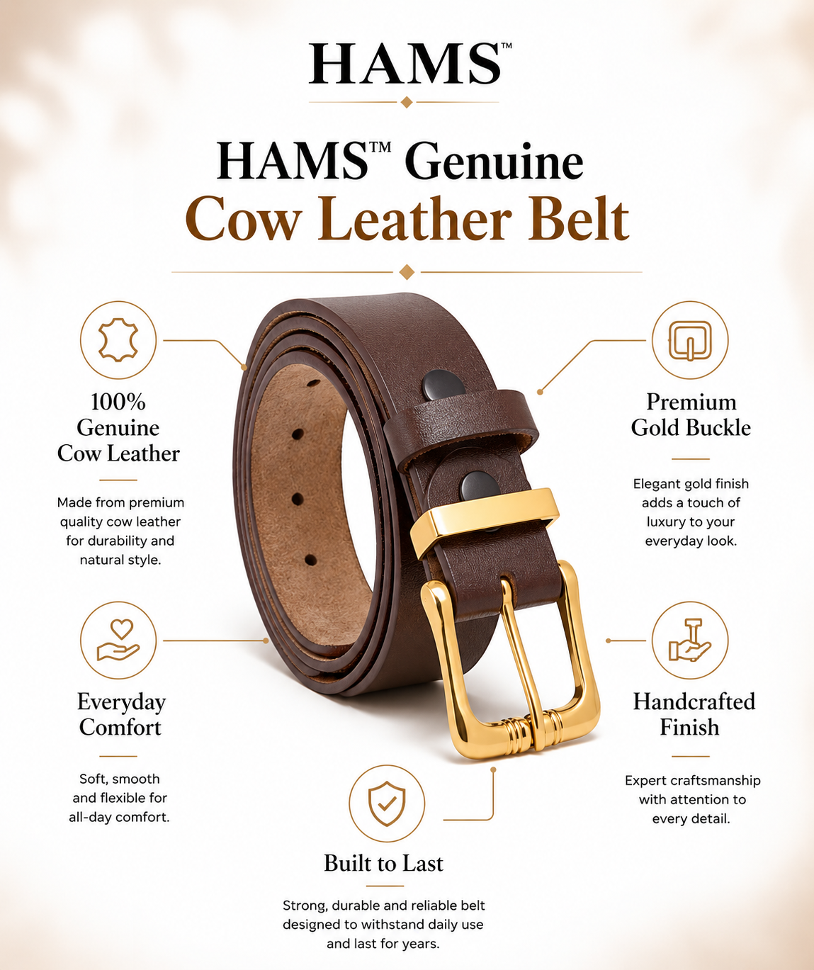 HAMS™ Premium Genuine Cowhide Leather Belt for Men – Dark Brown | Full Grain Leather | Gold Pin Buckle