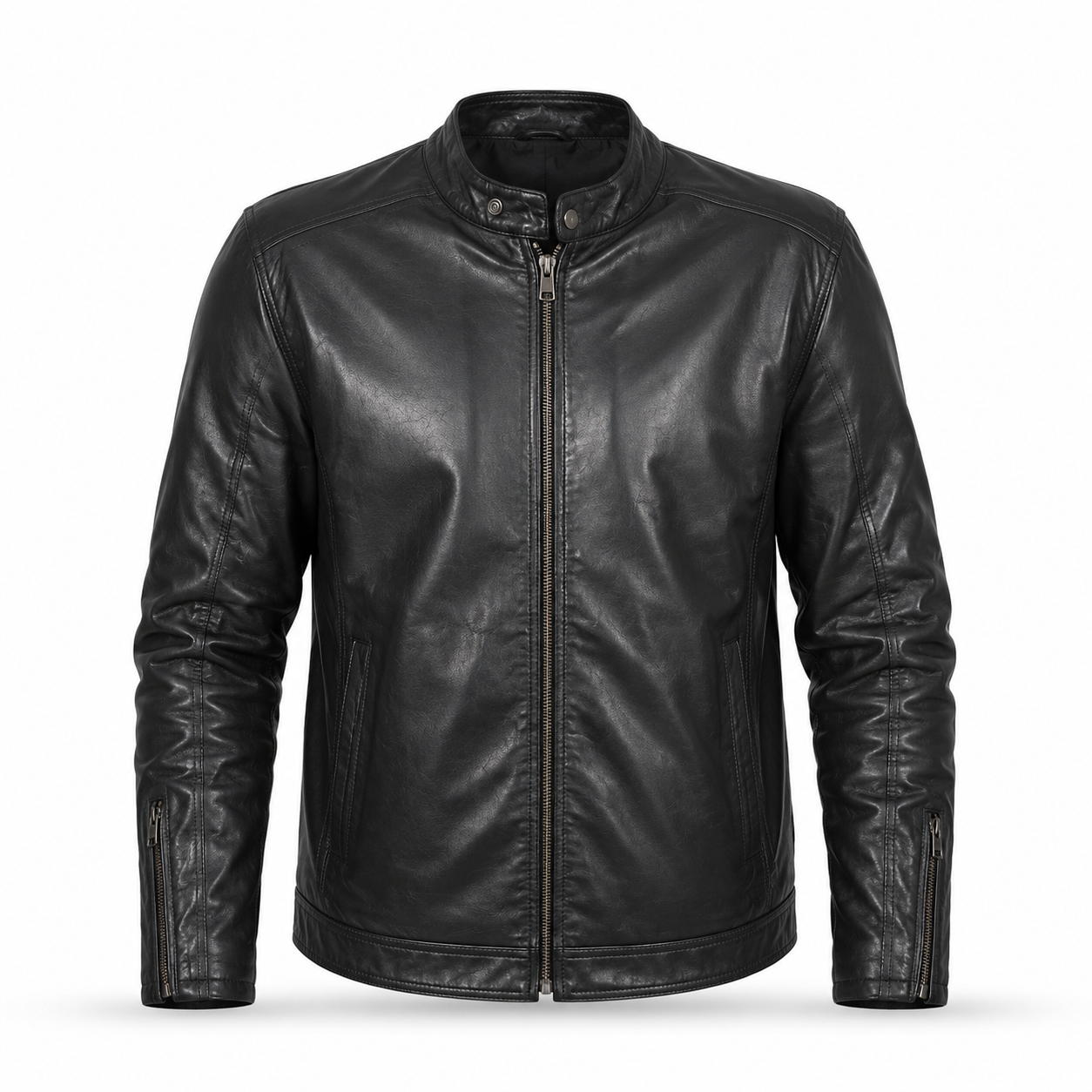 Men's Genuine Cow Leather Biker Jacket – Classic Motorcycle Jacket with Asymmetric Zip Closure, Multiple Pockets & Adjustable Waist Belt