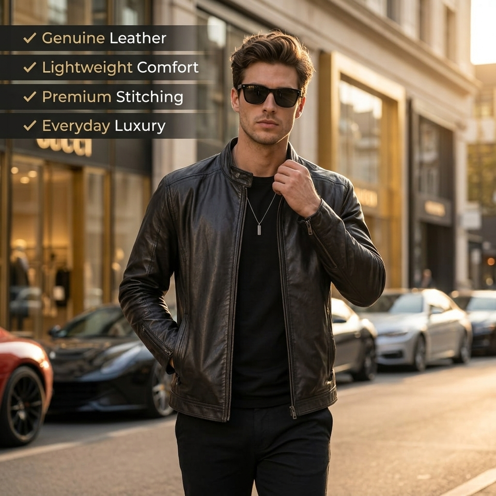 Men's Genuine Cow Leather Biker Jacket – Classic Motorcycle Jacket with Asymmetric Zip Closure, Multiple Pockets & Adjustable Waist Belt