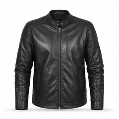 Men's Genuine Cow Leather Biker Jacket – Classic Motorcycle Jacket with Asymmetric Zip Closure, Multiple Pockets & Adjustable Waist Belt