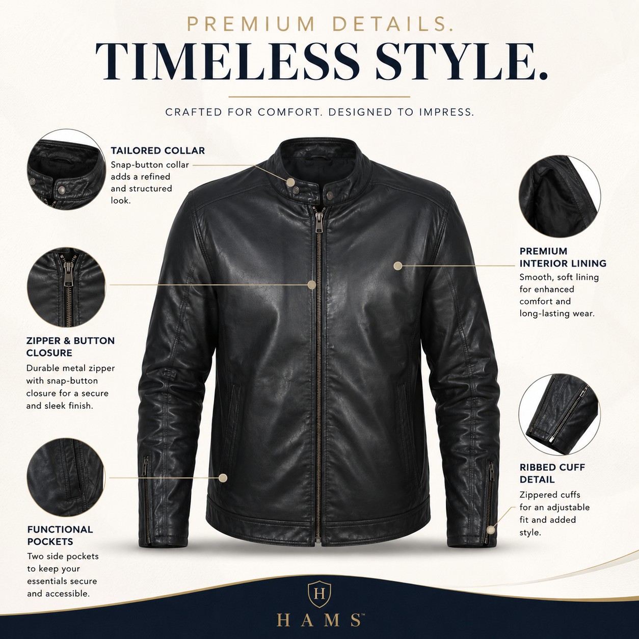 Men's Genuine Cow Leather Biker Jacket – Classic Motorcycle Jacket with Asymmetric Zip Closure, Multiple Pockets & Adjustable Waist Belt