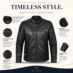 Men's Genuine Cow Leather Biker Jacket – Classic Motorcycle Jacket with Asymmetric Zip Closure, Multiple Pockets & Adjustable Waist Belt
