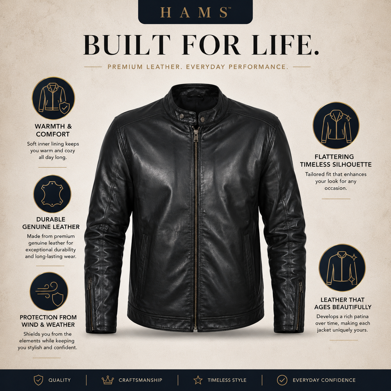 Men's Genuine Cow Leather Biker Jacket – Classic Motorcycle Jacket with Asymmetric Zip Closure, Multiple Pockets & Adjustable Waist Belt