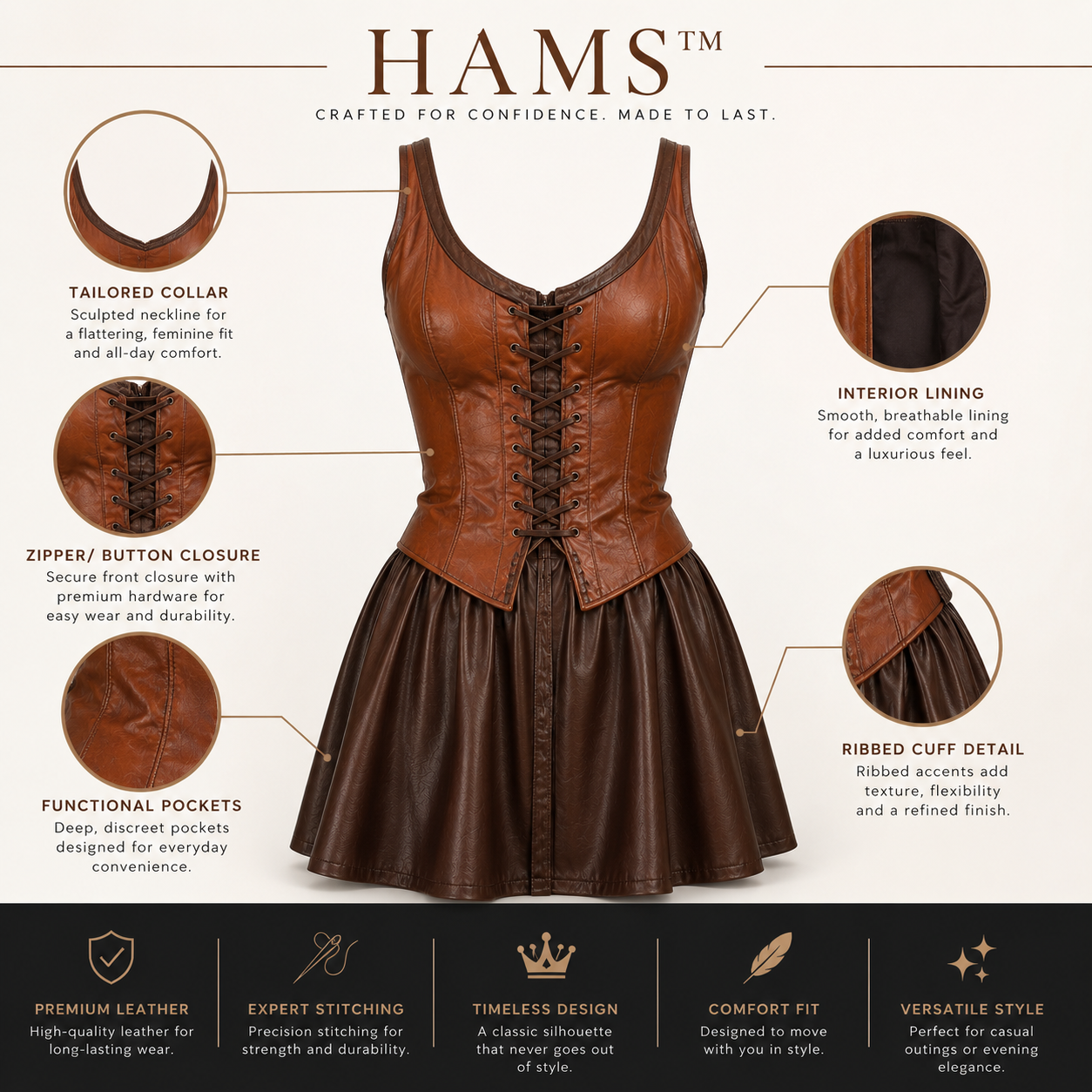 HAMS Women's Genuine Cow Leather Corset Mini Dress – Sleeveless Lace-Up Fit & Flare Leather Party Dress