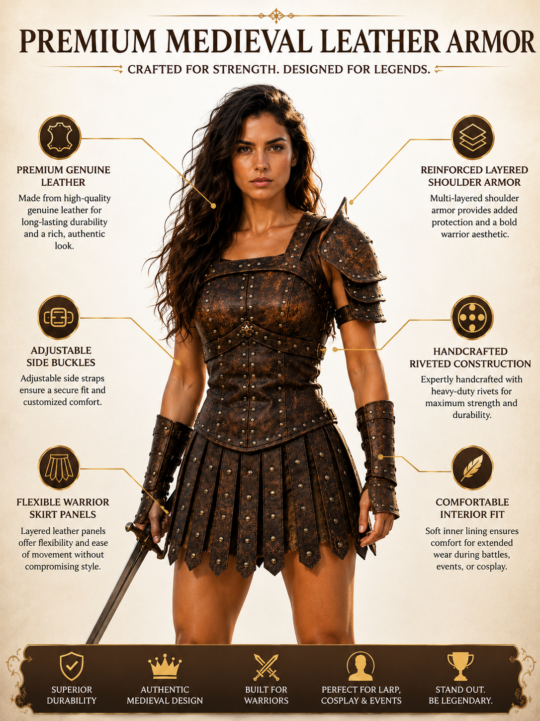 HAMS Women's Genuine Cow Leather Medieval Armor Dress – Handmade Warrior Cuirass for Renaissance Faire, LARP & Cosplay