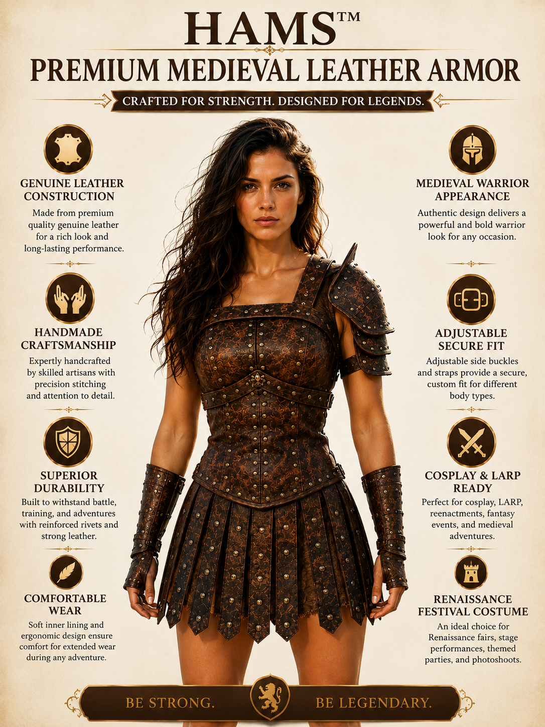 HAMS Women's Genuine Cow Leather Medieval Armor Dress – Handmade Warrior Cuirass for Renaissance Faire, LARP & Cosplay