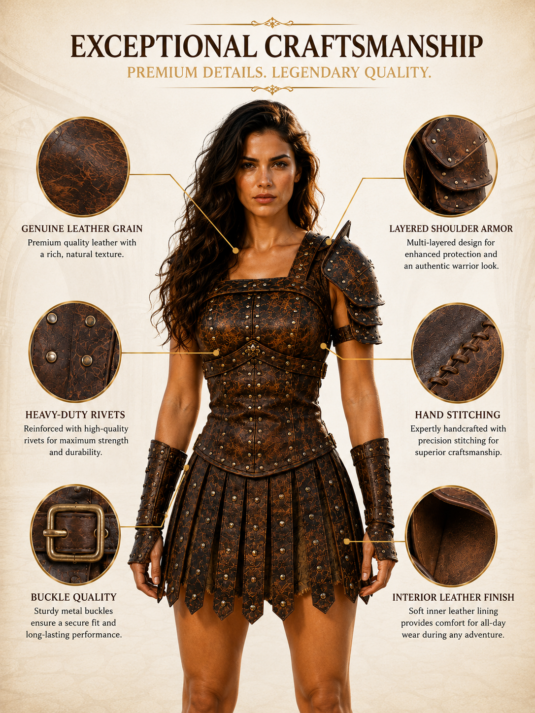 HAMS Women's Genuine Cow Leather Medieval Armor Dress – Handmade Warrior Cuirass for Renaissance Faire, LARP & Cosplay