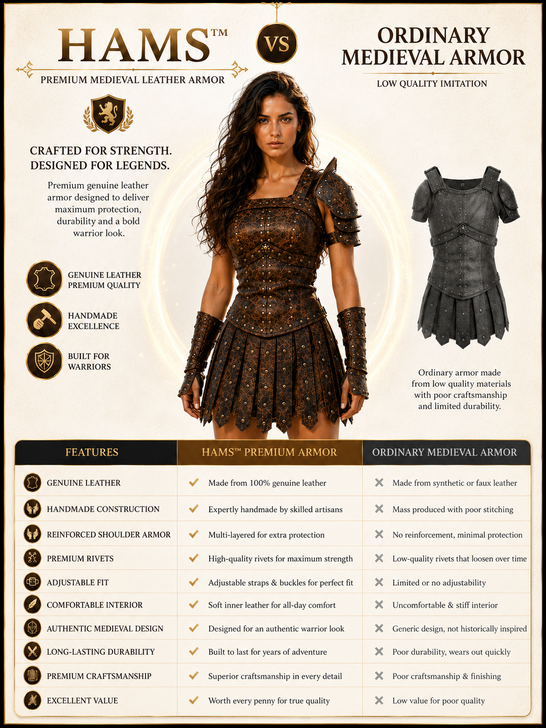 HAMS Women's Genuine Cow Leather Medieval Armor Dress – Handmade Warrior Cuirass for Renaissance Faire, LARP & Cosplay