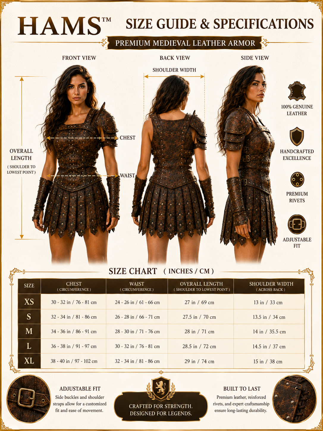 HAMS Women's Genuine Cow Leather Medieval Armor Dress – Handmade Warrior Cuirass for Renaissance Faire, LARP & Cosplay