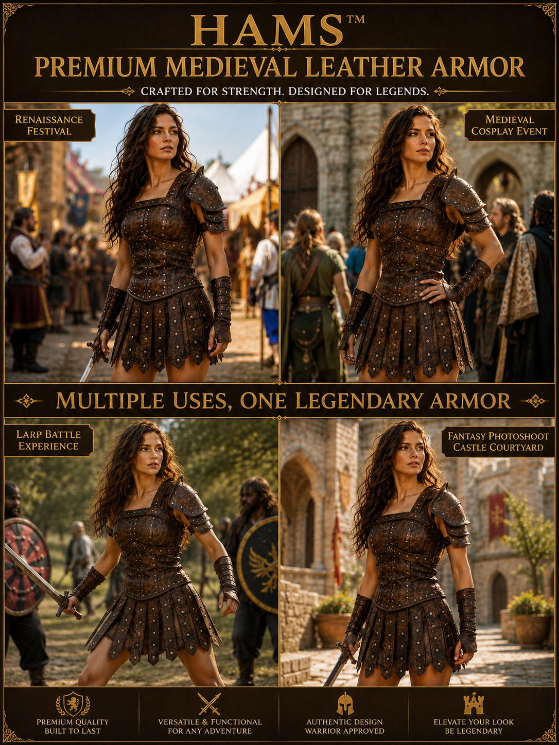 HAMS Women's Genuine Cow Leather Medieval Armor Dress – Handmade Warrior Cuirass for Renaissance Faire, LARP & Cosplay