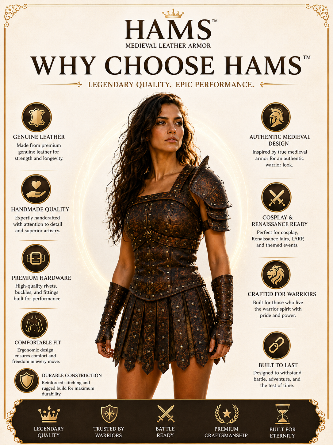 HAMS Women's Genuine Cow Leather Medieval Armor Dress – Handmade Warrior Cuirass for Renaissance Faire, LARP & Cosplay