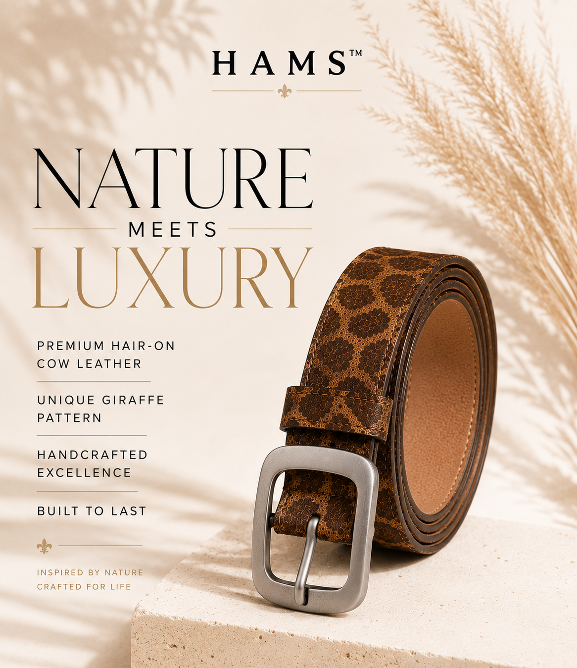 HAMS™ Wild Elegance Genuine Hair-On Cowhide Leather Belt – Giraffe Print | Premium Matte Silver Buckle
