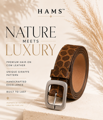 HAMS™ Wild Elegance Genuine Hair-On Cowhide Leather Belt – Giraffe Print | Premium Matte Silver Buckle