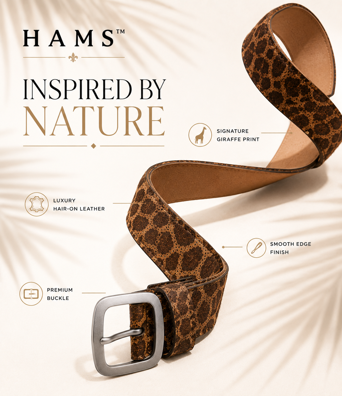 HAMS™ Wild Elegance Genuine Hair-On Cowhide Leather Belt – Giraffe Print | Premium Matte Silver Buckle