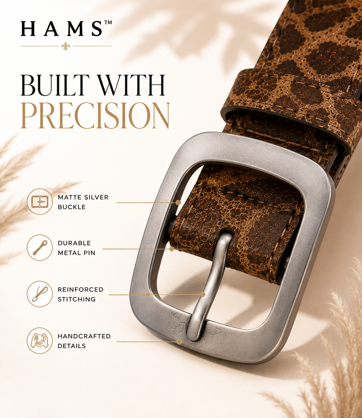 HAMS™ Wild Elegance Genuine Hair-On Cowhide Leather Belt – Giraffe Print | Premium Matte Silver Buckle