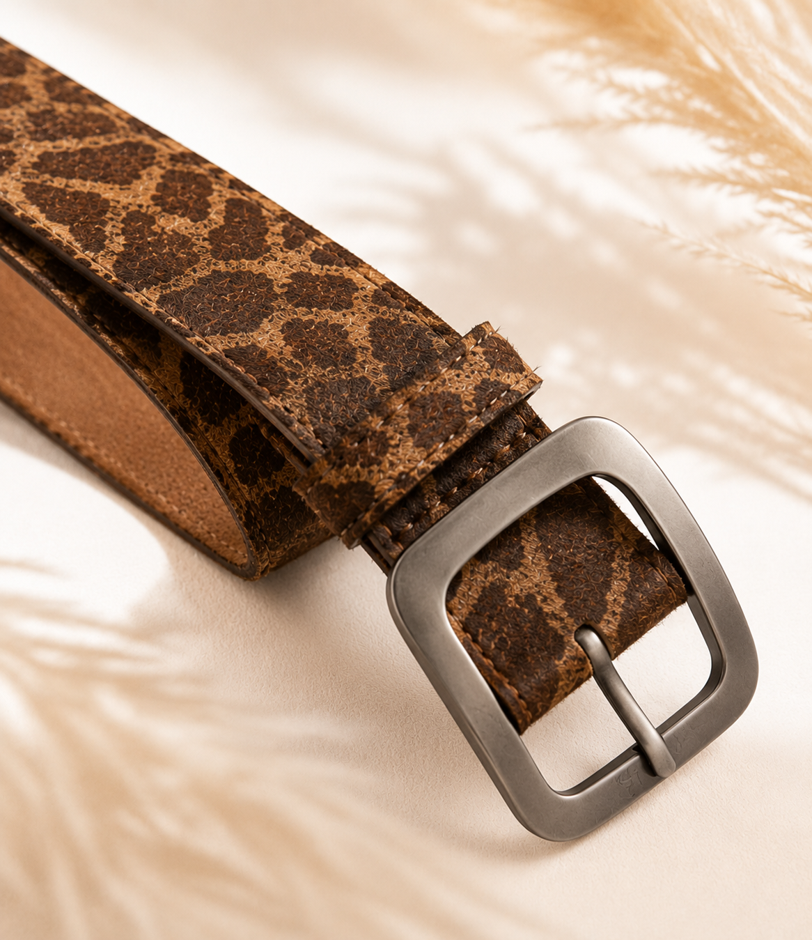 HAMS™ Wild Elegance Genuine Hair-On Cowhide Leather Belt – Giraffe Print | Premium Matte Silver Buckle