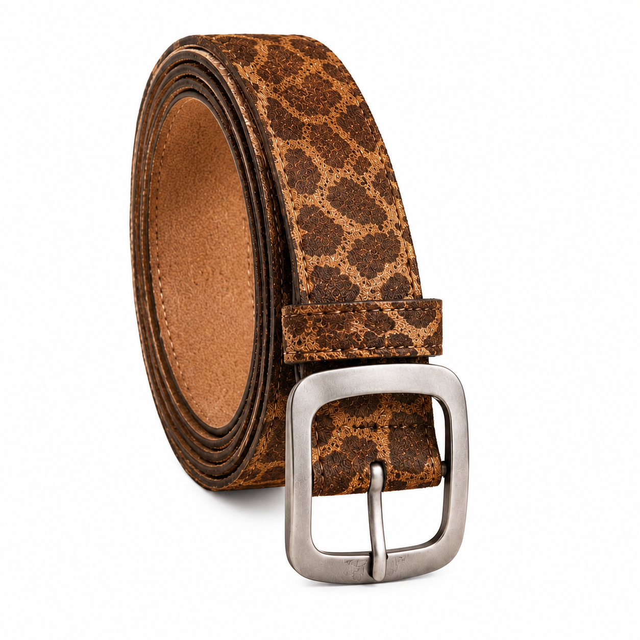 HAMS™ Wild Elegance Genuine Hair-On Cowhide Leather Belt – Giraffe Print | Premium Matte Silver Buckle