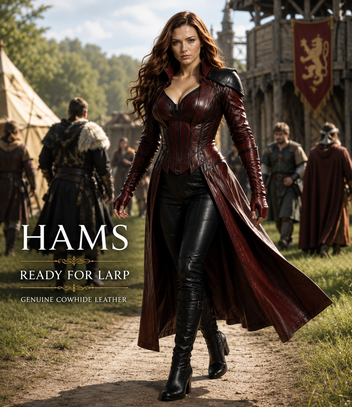 HAMS™ Women’s Genuine Cowhide Leather Gothic Medieval Long Coat with Structured Corset Bodice, Reinforced Shoulder Detail, Full-Length Fantasy Fashion Design